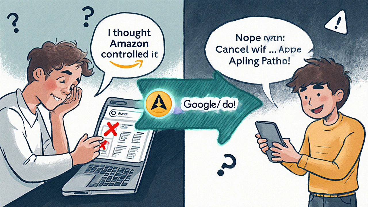 Split cartoon scene: frustrated person on laptop vs. relieved person canceling Prime Video correctly on phone.