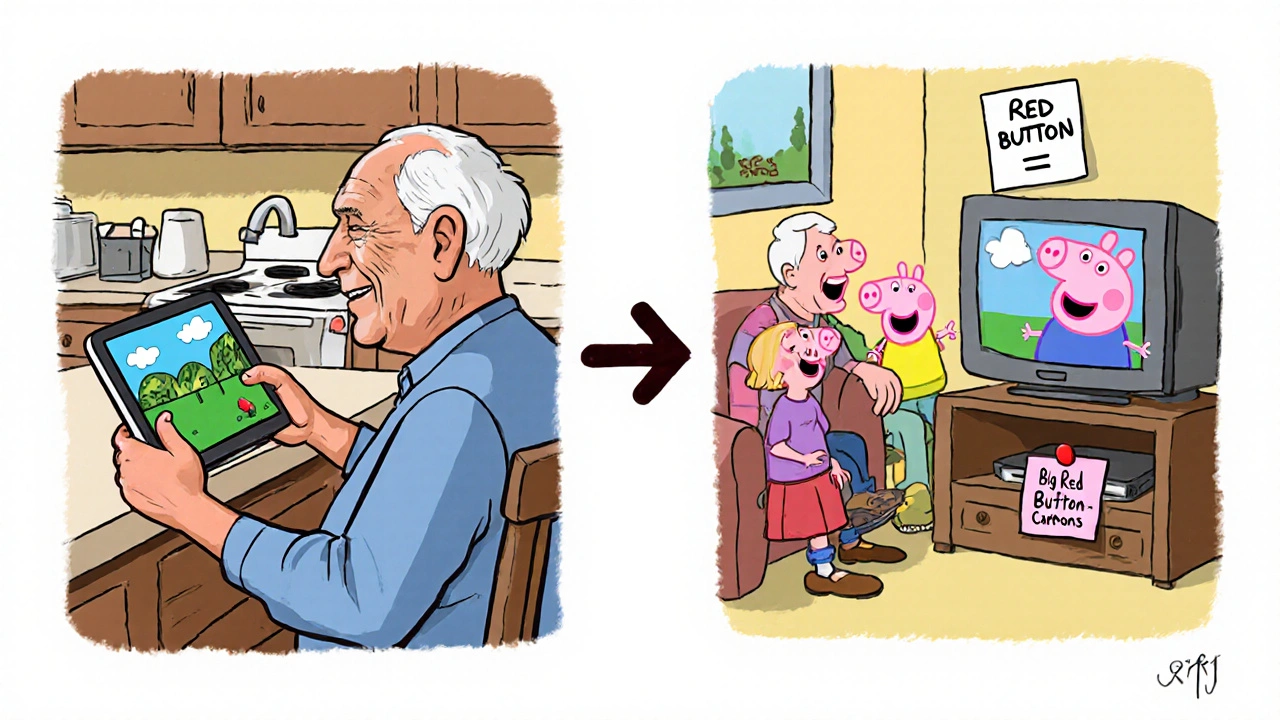 Split scene: elderly man watching nature doc on tablet in kitchen, same man laughing with grandchild watching cartoons on TV.