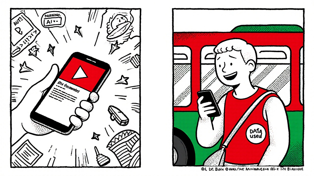 Split scene: frustrated user vs. calm user with downloaded content and Wi-Fi hotspot