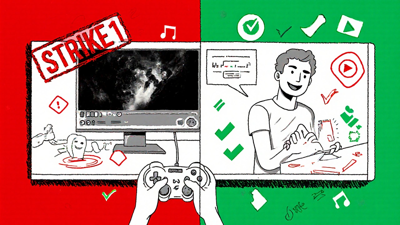 Split scene: one side shows a streamer getting a strike from movie clips, the other uses safe licensed music.