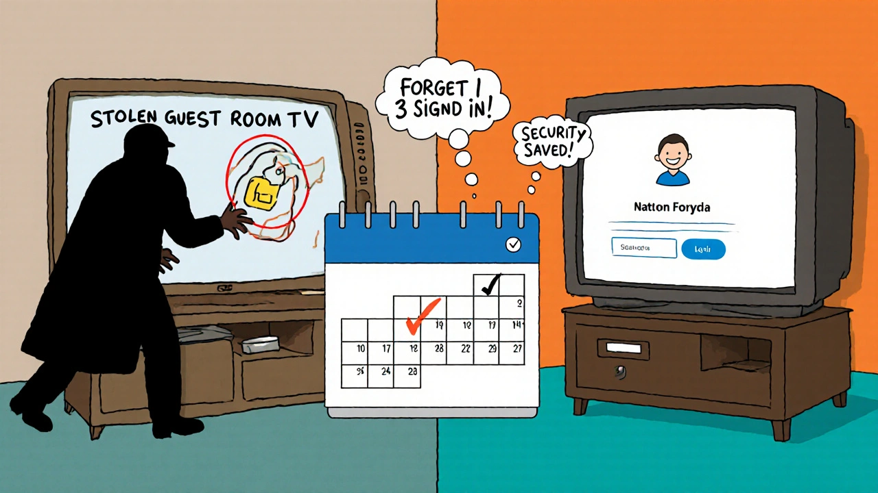 Split scene: shadowy figure blocked from old TV vs. same TV now showing login screen with calendar reminder.