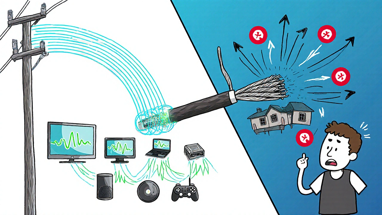 Split-screen: fiber connection with smooth data flow vs. cable connection overloaded with traffic and slowdown signs.