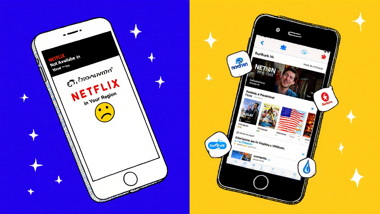 Split-screen: left shows Netflix error message, right shows US library after connecting to a VPN.