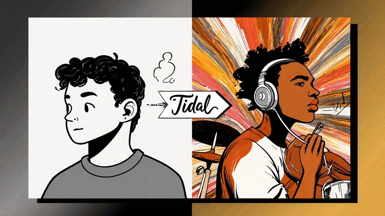 Split-screen showing compressed audio vs. rich, detailed sound waves from Tidal.