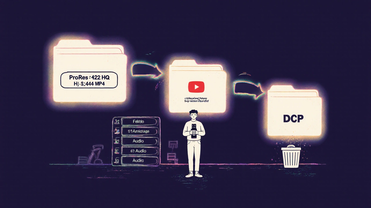 Three export file paths labeled clearly, with one being discarded, as a filmmaker holds a USB drive.
