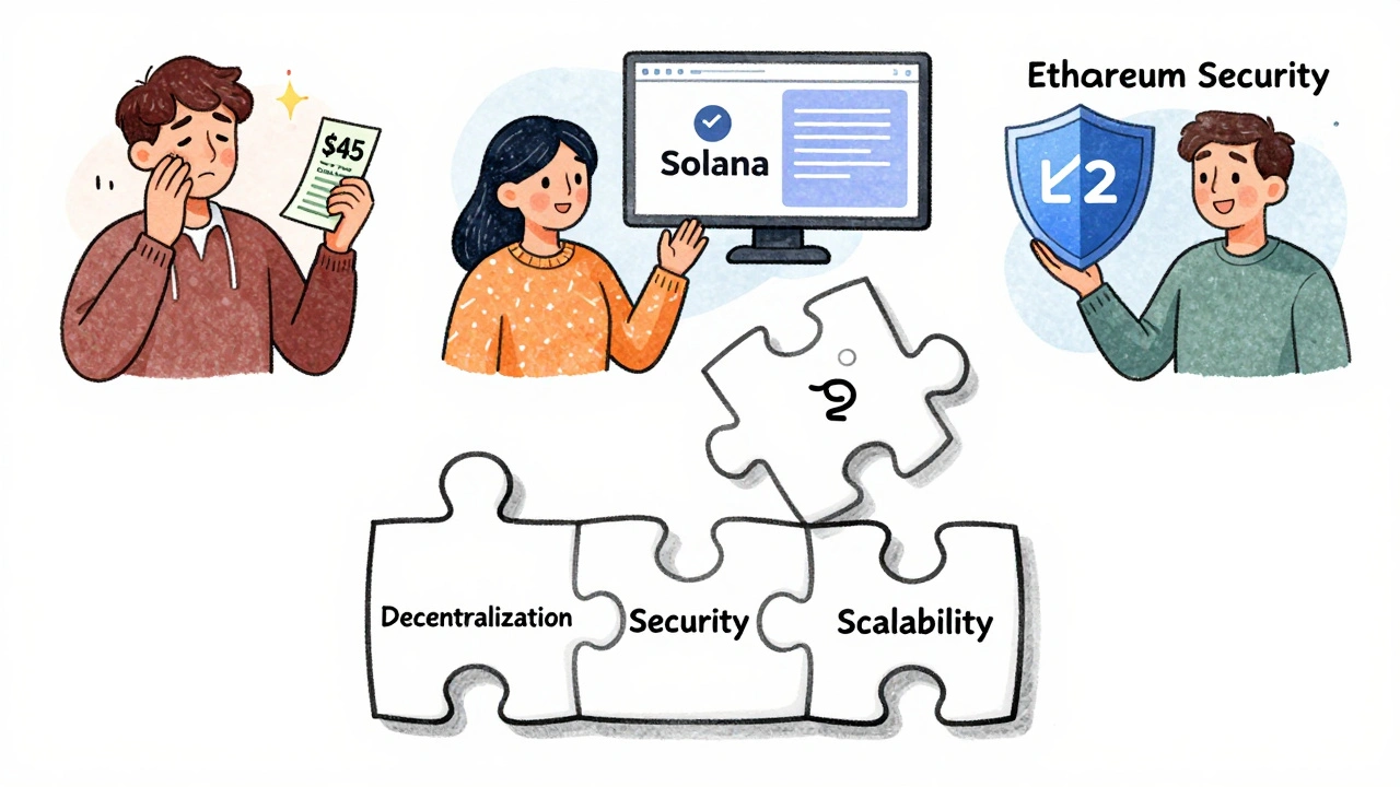 Three puzzle pieces of blockchain traits, with users reacting to fees and outages in a stylized scene.