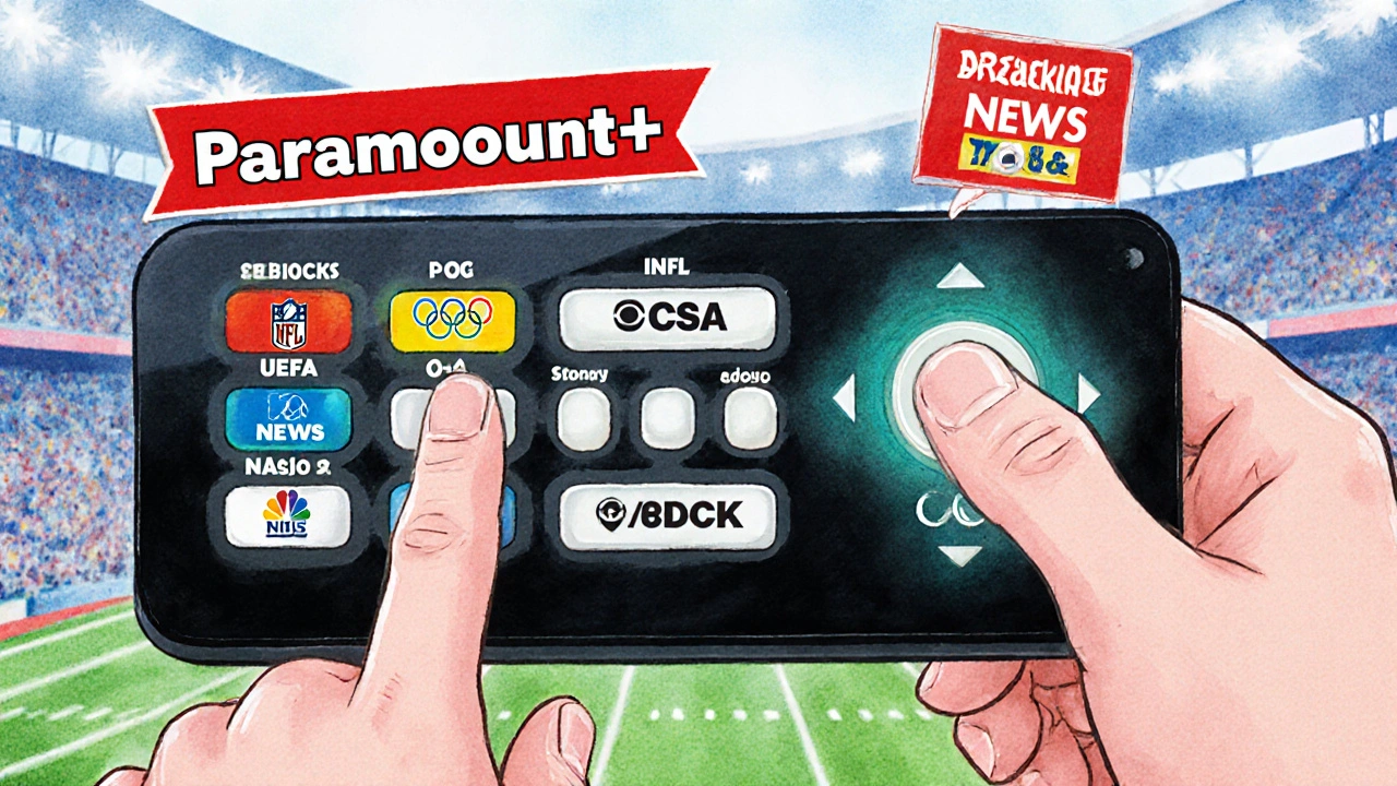 TV remote with glowing Paramount+ and Peacock buttons, surrounded by live sports and news icons floating in a newsroom-stadium blend.