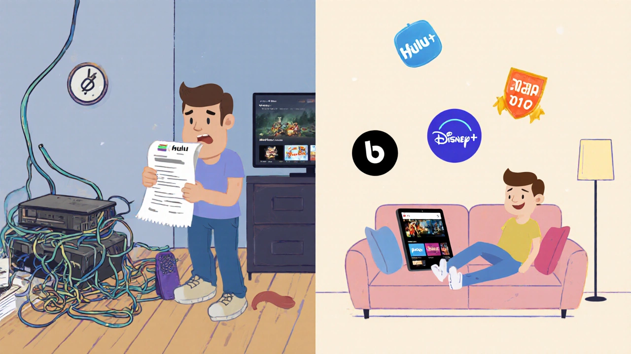 Two contrasting homes: one overwhelmed by cable bills, the other simple and happy with streaming.