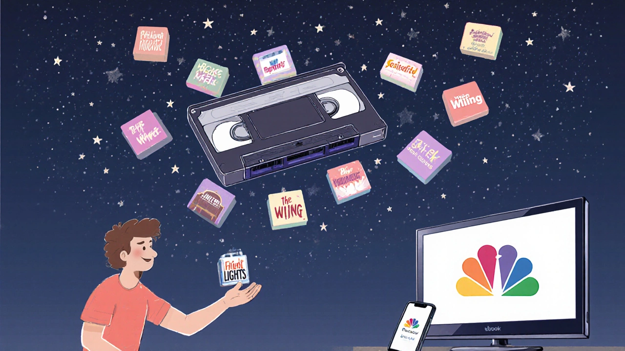VHS-shaped time machine floating through classic TV shows, symbolizing Peacock’s nostalgic content library.