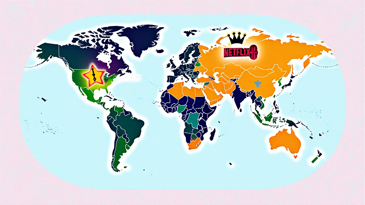 World map with floating streaming service icons showing global access to Korean content.