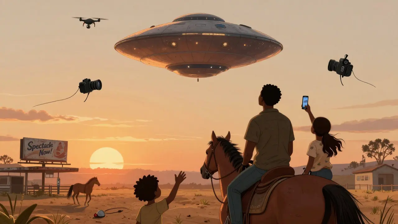 A Black family watches a silent UFO hover over their ranch, surrounded by floating cameras.