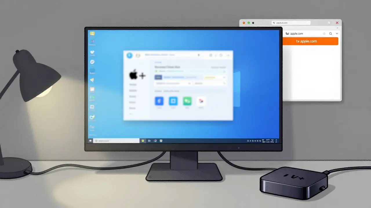 A blurry Windows app window on a 4K monitor with a clean browser tab glowing beside it, symbolizing a better alternative.