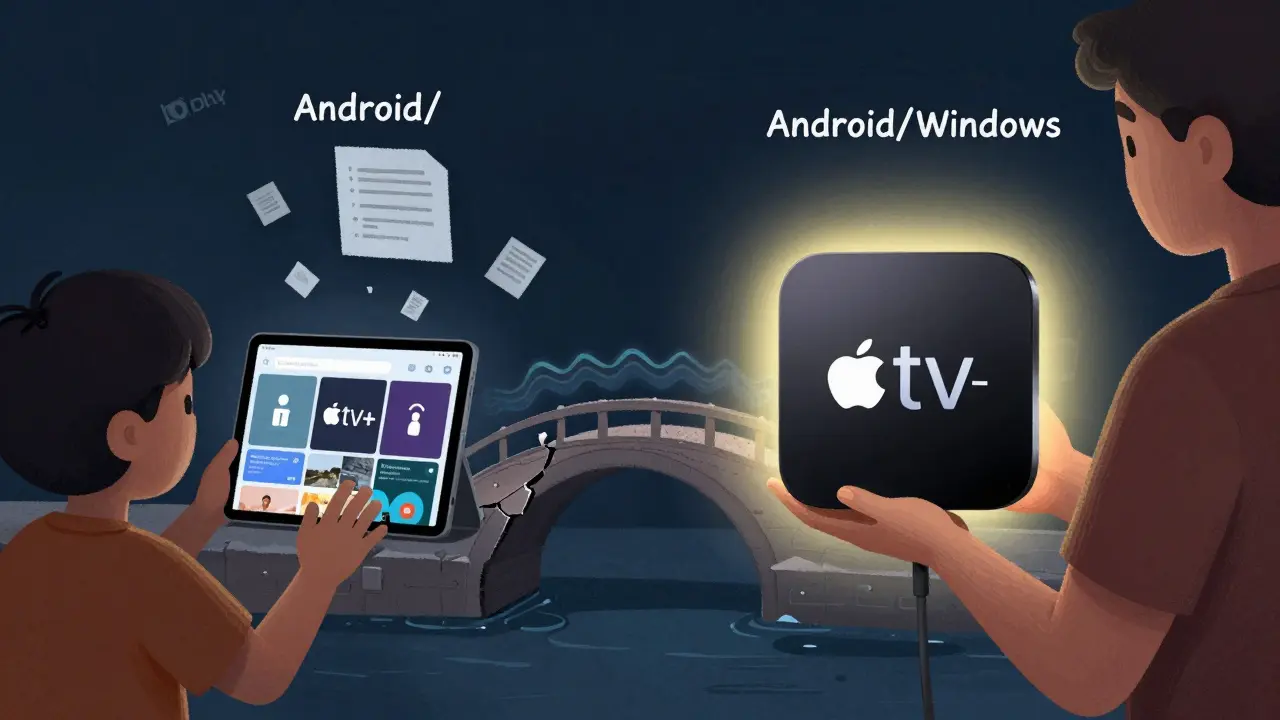 A child accessing unrestricted content on a tablet, while a parent uses an Apple TV box with parental controls.