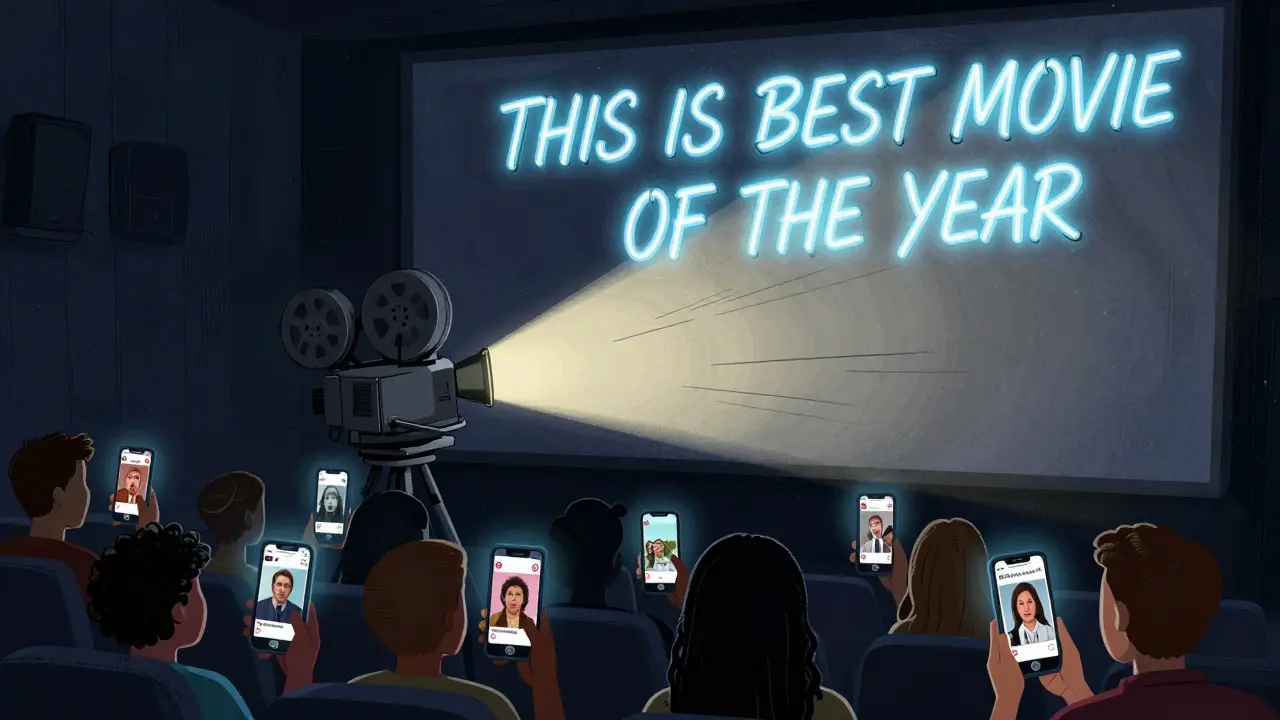 A dark theater lit by a projector, with audience members watching emotional film moments on their phones, no text visible.