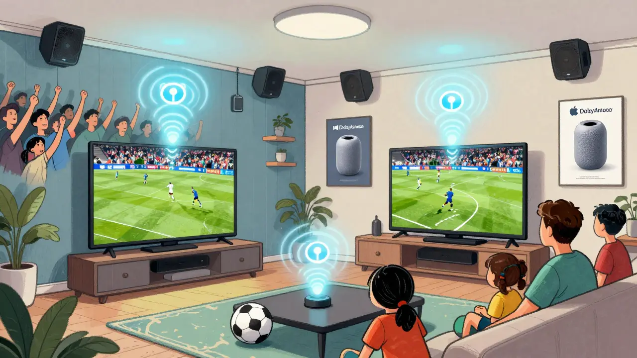 A family watching soccer in 2026, with crowd sounds swirling in the air as Atmos-enabled speakers glow softly.