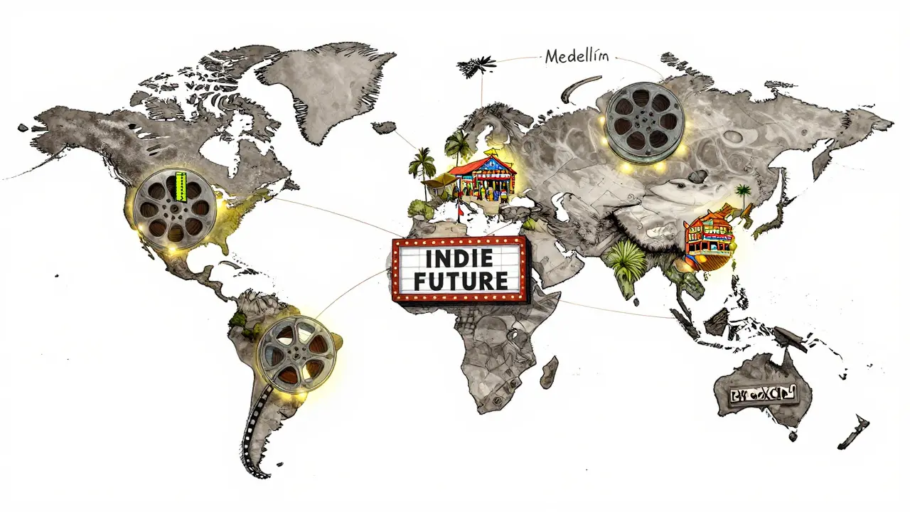 A global map of film reels connecting indie film hubs across continents, leading to a cinema marquee in hand-drawn style.