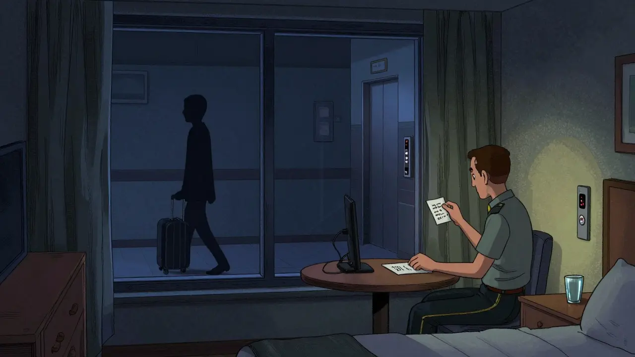 A hotel night clerk leaves a note in a minibar as a mysterious guest departs in silence.