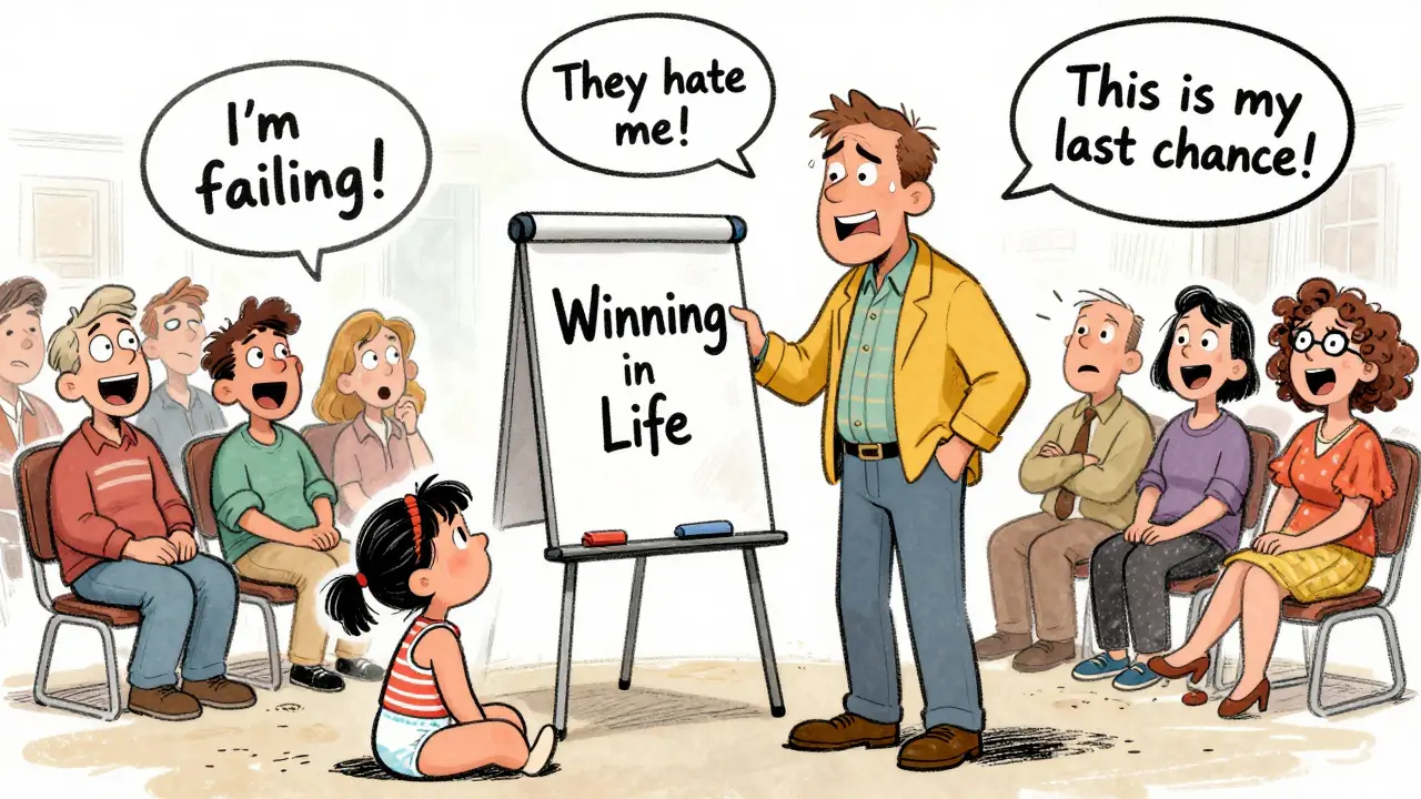 A man giving a self-help speech while a child in a diaper sits at his feet, audience laughing.