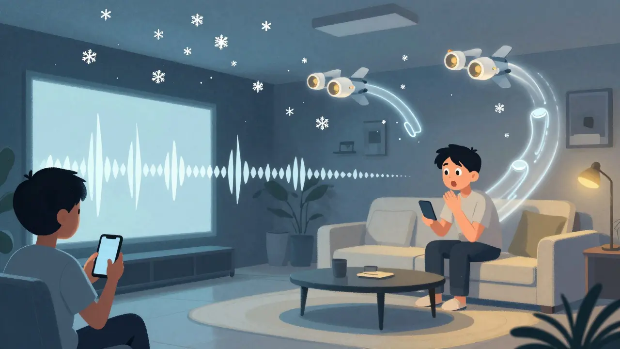 A person on a phone with flat sound vs. another in a room filled with glowing 3D sound objects like snow and jets.