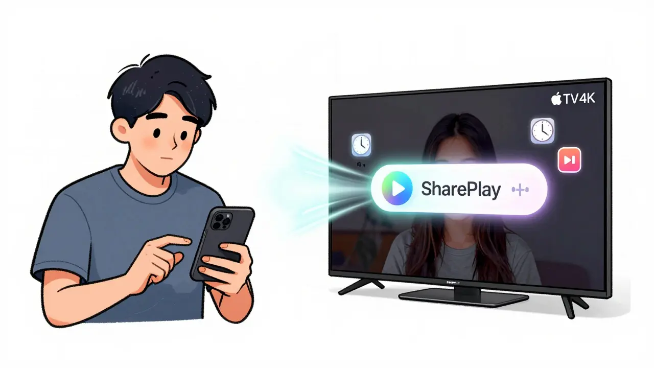 A person starting SharePlay on Apple TV+ while a friend joins on another device, with sync icons connecting them.