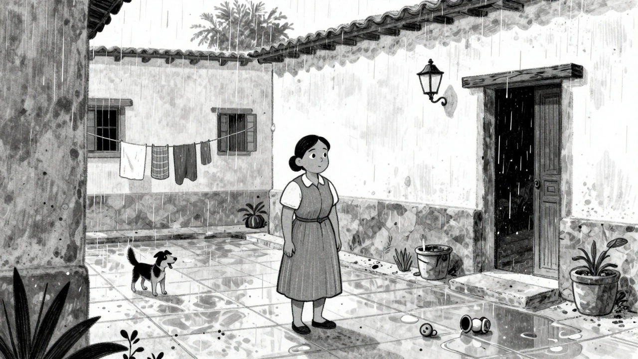 A quiet Mexican courtyard in rain, a domestic worker stands still as laundry sways and a dog barks in the distance.