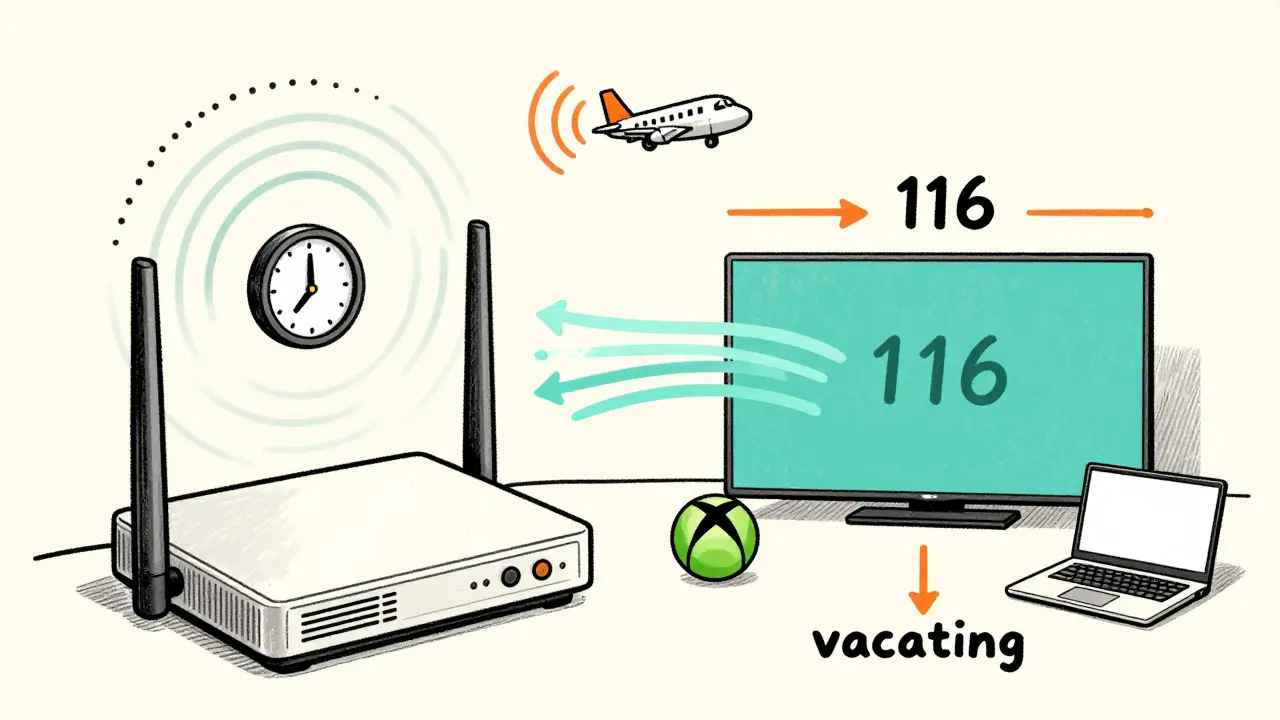A router scanning for radar on startup, then connecting cleanly to a DFS channel while a plane flies overhead.
