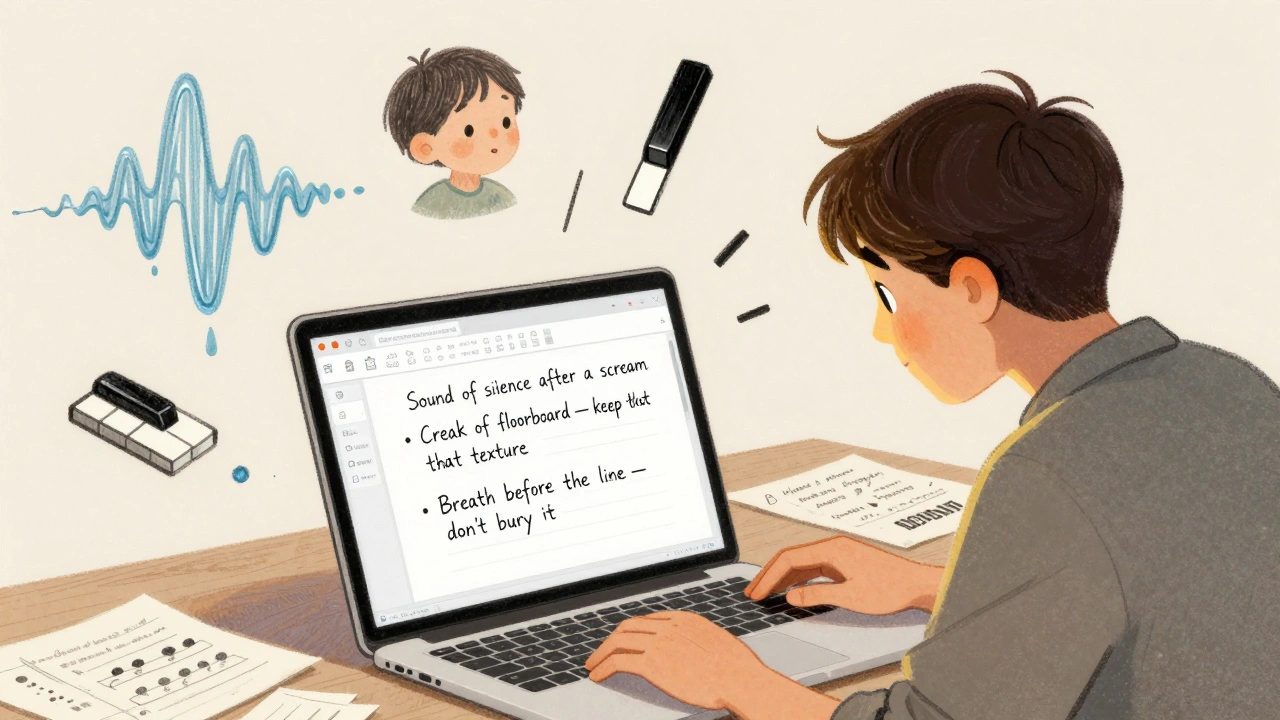 A shared digital document with handwritten sound notes floats beside abstract visualizations of dripping water, whispers, and piano keys.