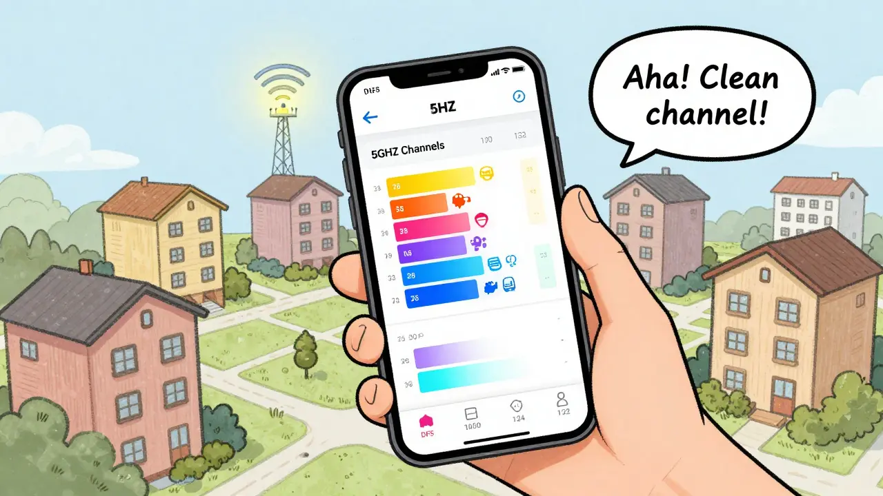 A smartphone displaying a Wi-Fi analyzer app showing empty DFS channels amid crowded ones in an apartment building.