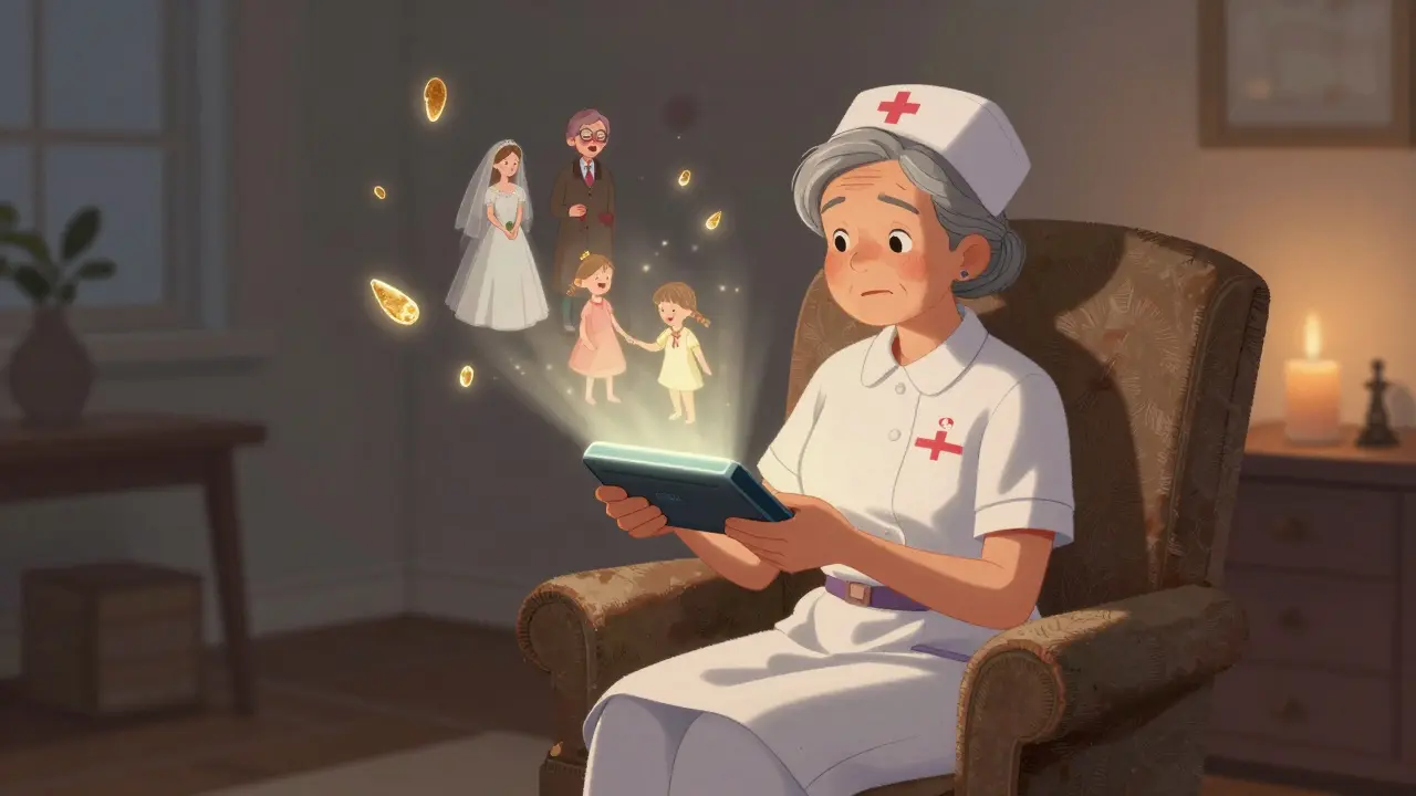 An elderly woman holds a glowing device as memories fade around her in soft golden light.