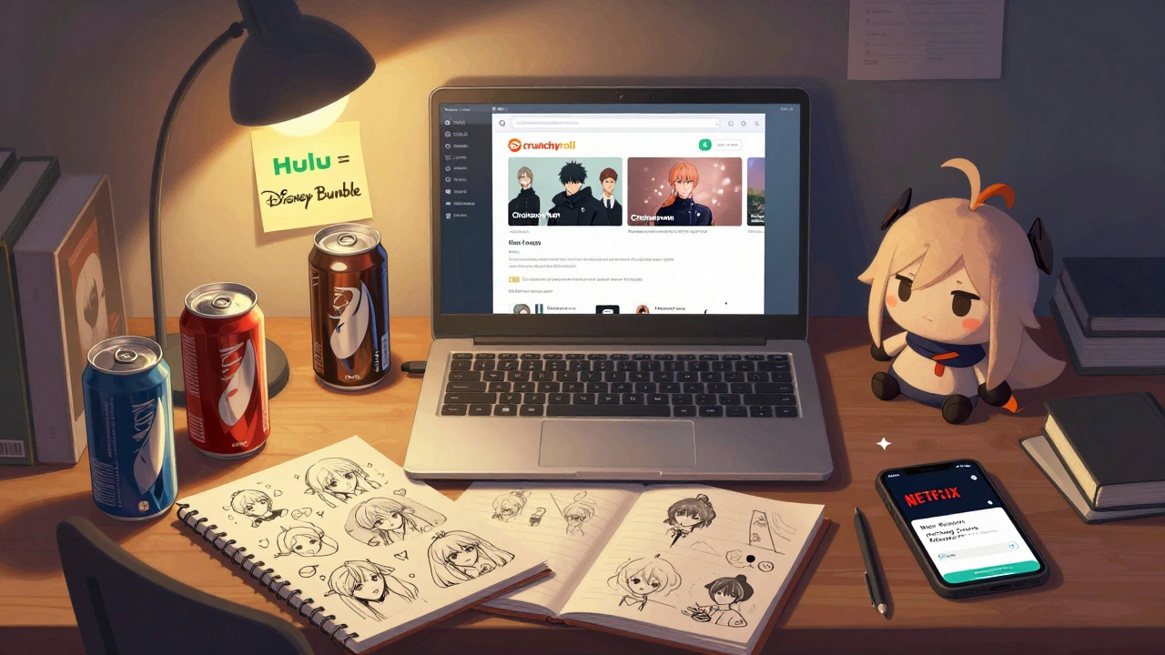 Anime fan’s desk at night with Crunchyroll open, energy drinks, sketchbooks, and a cozy lamp glowing.