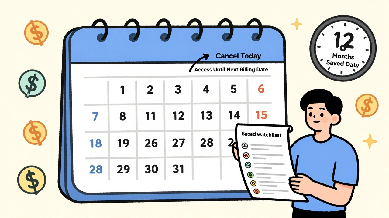 Calendar showing cancellation date and extended access, with saved watchlist and dollar crosses.