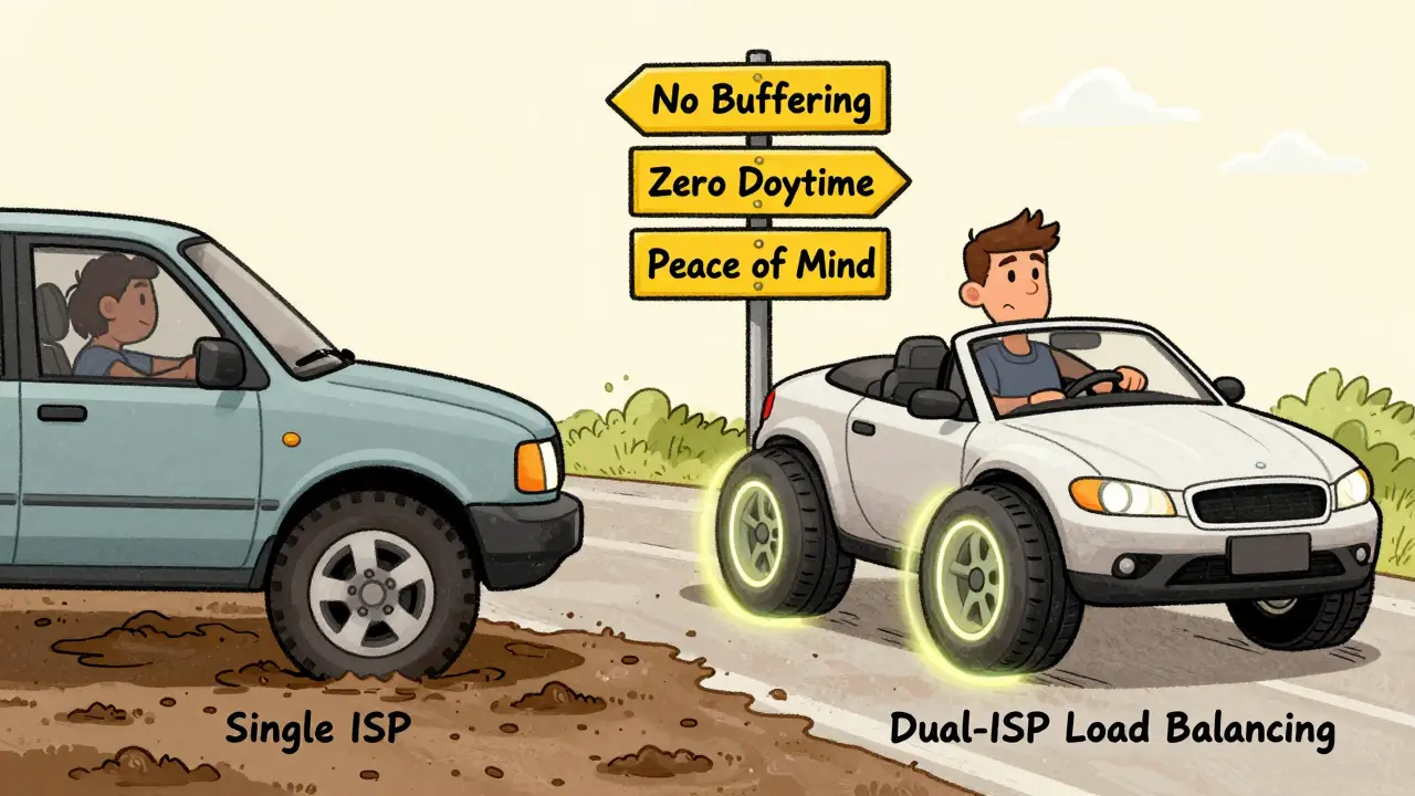 Cartoon car with one flat tire vs. another with four glowing tires labeled 'Dual-ISP', driving toward 'No Buffering' signs.