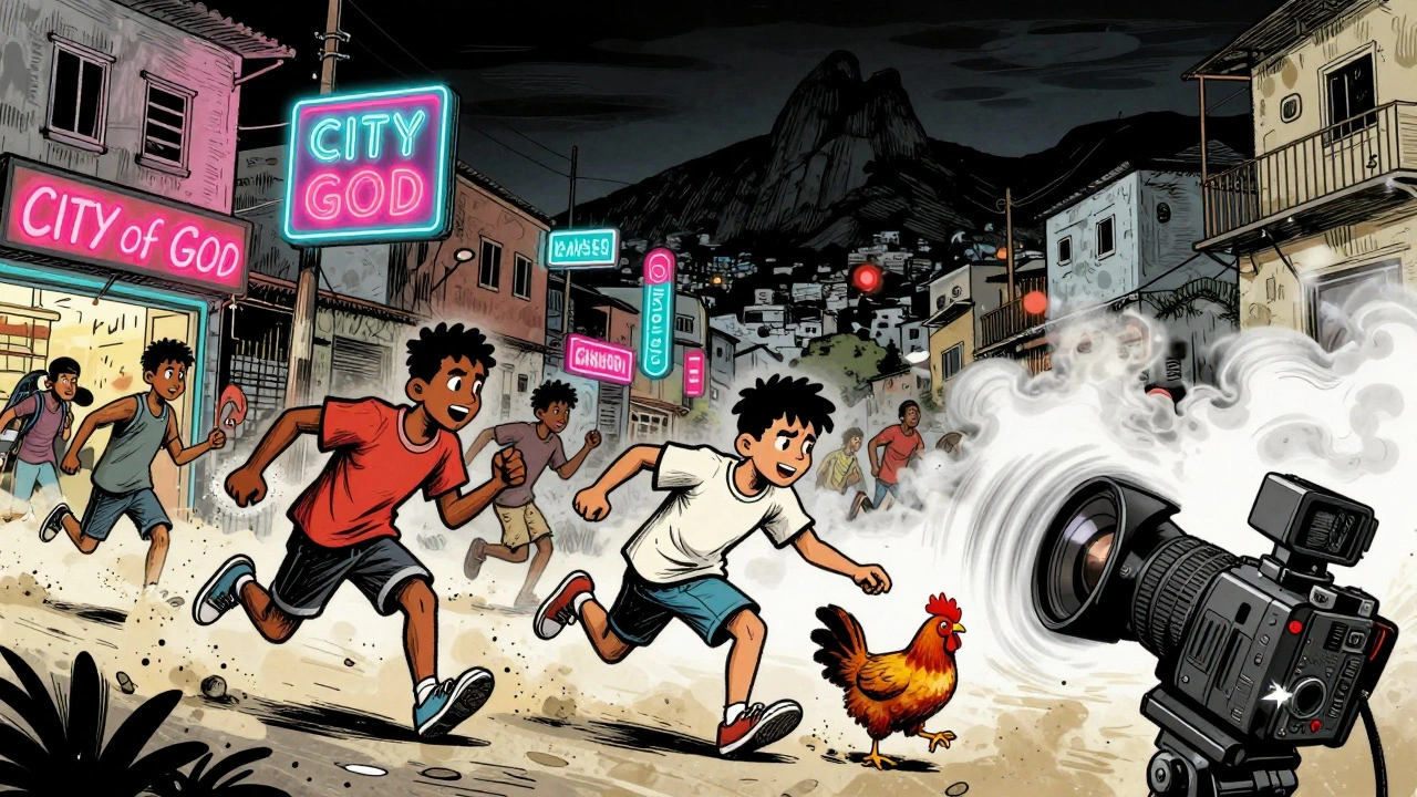 Chaotic favela streets at night, teenagers running, a stolen chicken, and a spinning camera amid smoke and neon.