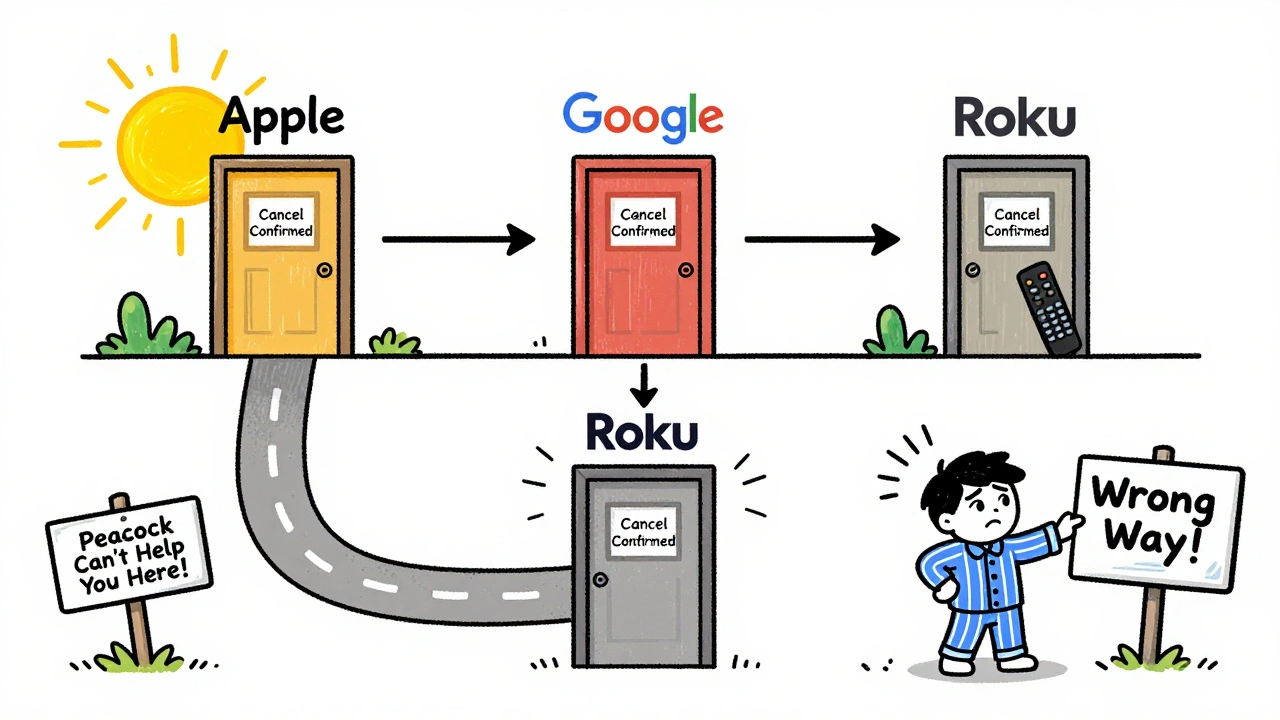 Flowchart of correct cancellation paths on Apple, Google, and Roku devices.