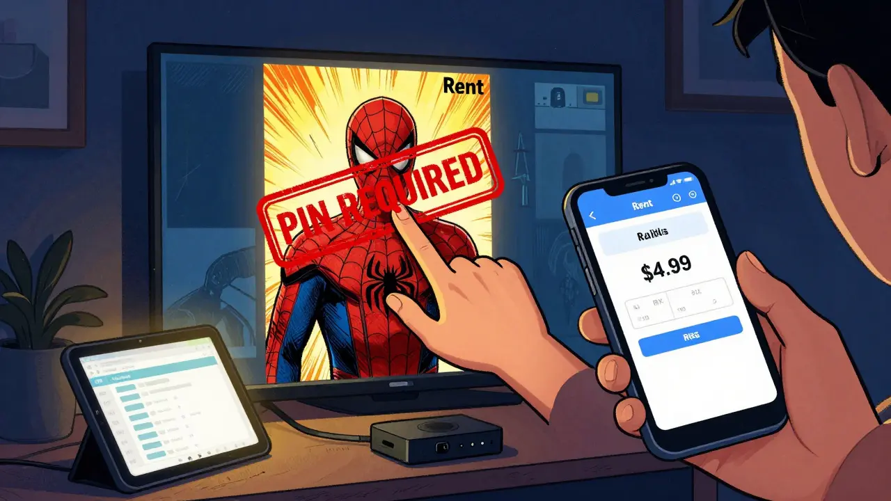 Hand trying to rent a movie, blocked by a red 'PIN REQUIRED' stamp, with billing alert visible on phone screen.