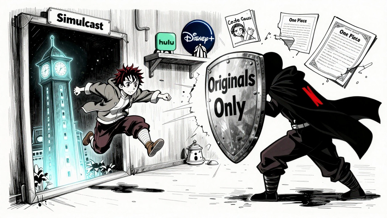 Heroic fan racing toward a simulcast clock tower while Netflix’s shield crumbles licensed anime titles.