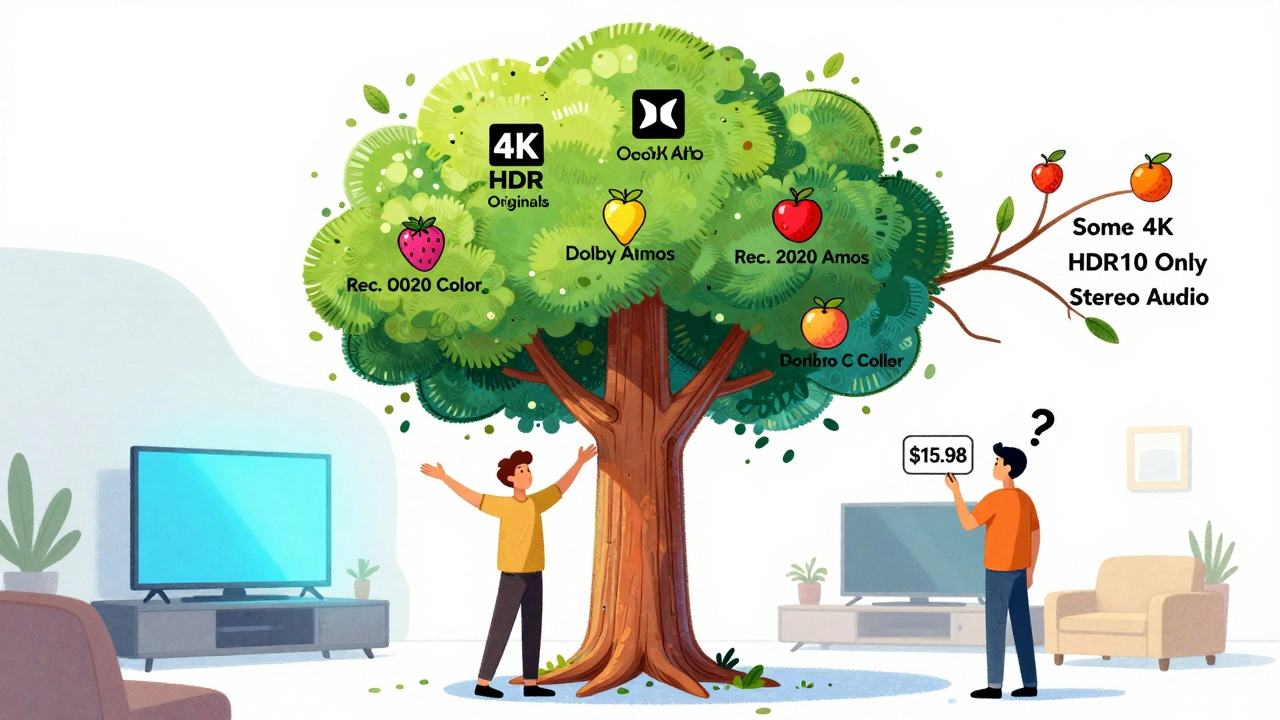 Illustrated tree showing Netflix&#039;s rich 4K benefits versus Prime Video&#039;s limited features, with a viewer beneath each.