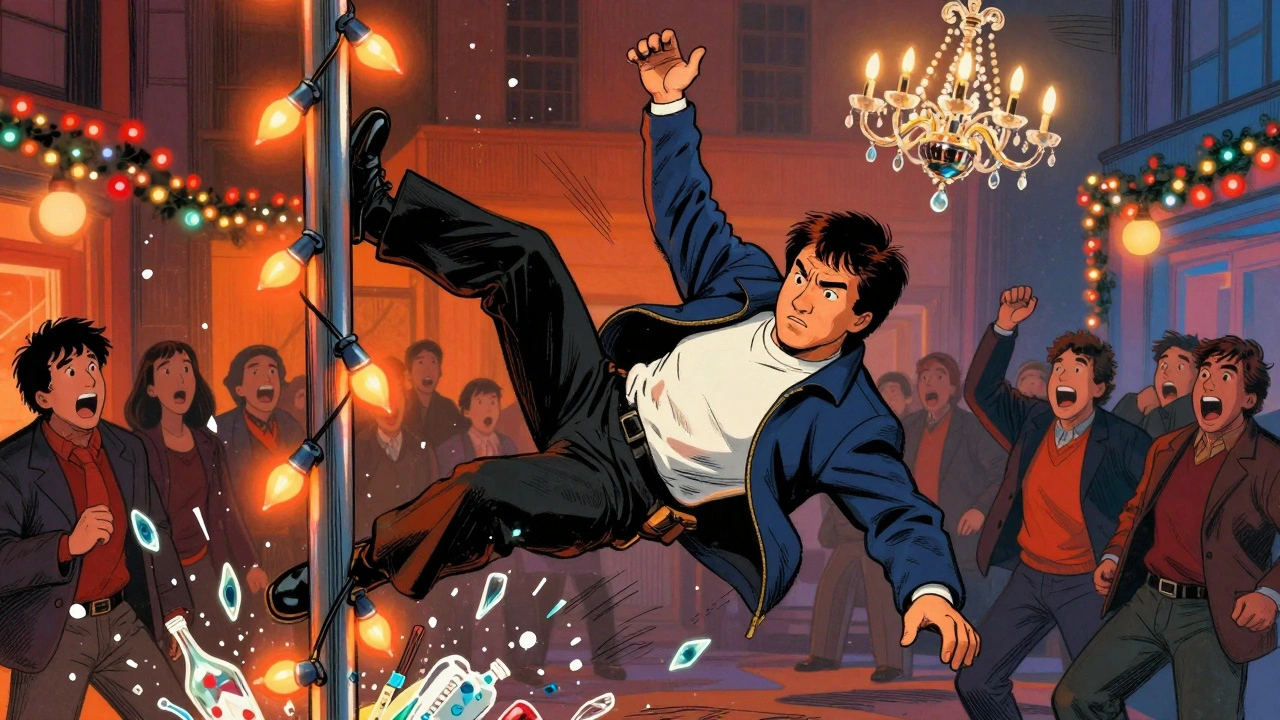 Jackie Chan slides down Christmas lights, crashing through glass as bystanders react in shock and laughter.