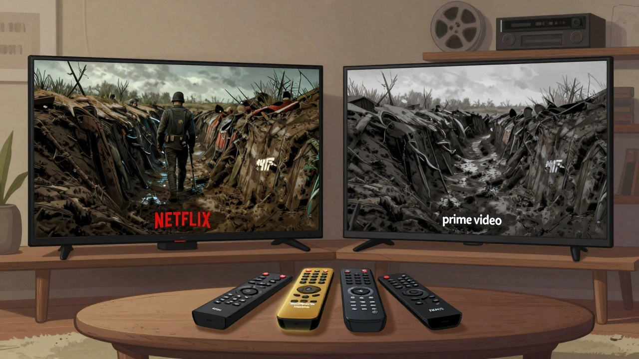 Side-by-side movie scenes: Netflix&#039;s detailed &#039;1917&#039; trench versus Prime Video&#039;s washed-out version with remote controls nearby.