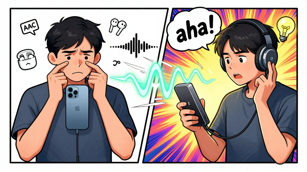 Split scene: frustrated user with Bluetooth AirPods vs. happy user with wired DAC and lossless audio.