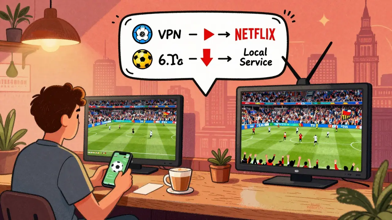 Split scene of an expat and home viewers watching the same sports match, with cost icons floating above like a visual guide.