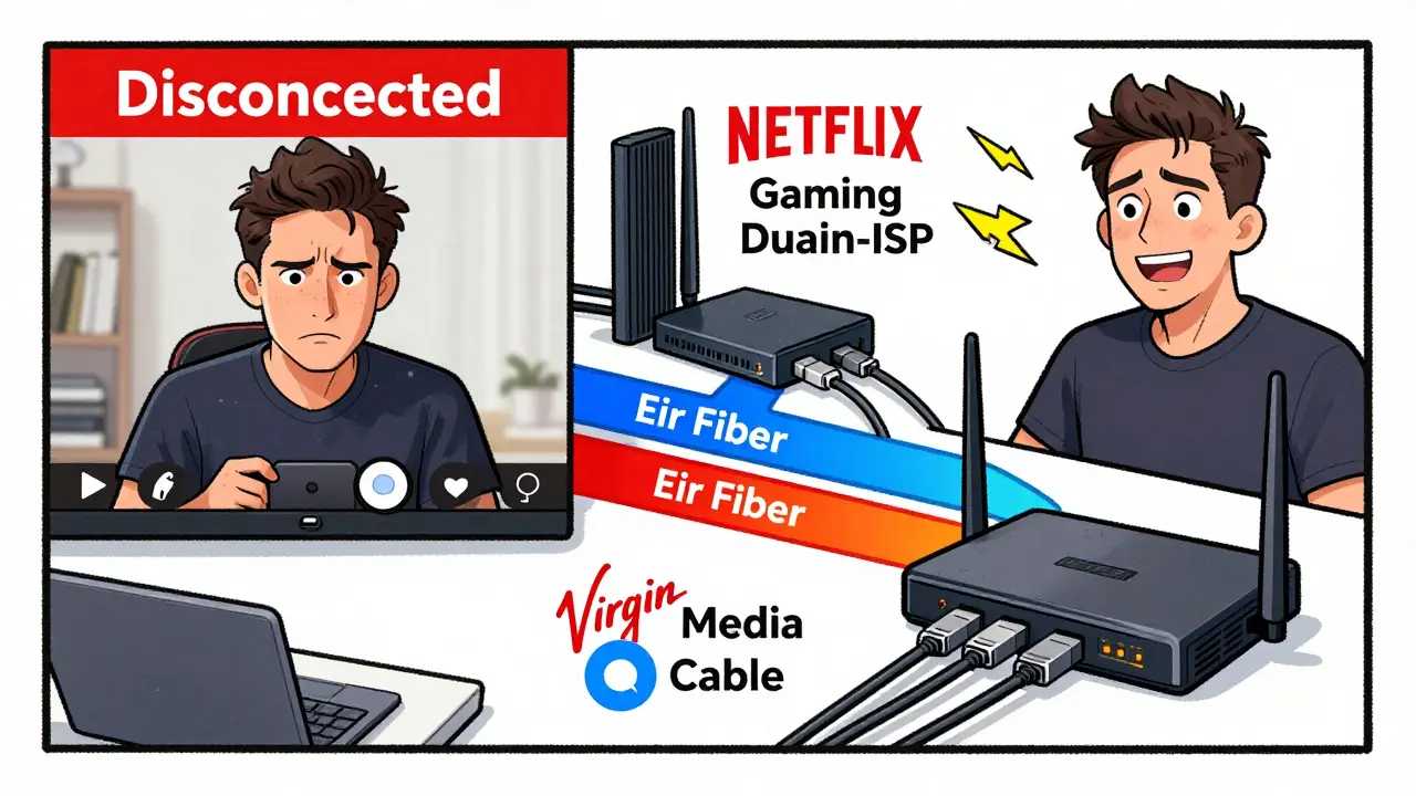 Split-screen cartoon: left shows a frozen Zoom call, right shows smooth streaming via dual-ISP setup with labeled traffic paths.