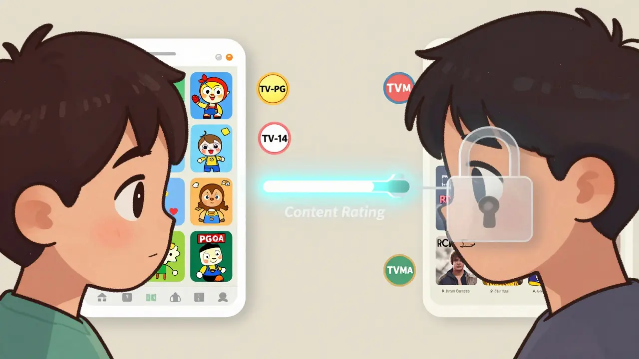 Split-screen of child and teen Prime Video profiles, showing age-appropriate content with PIN lock icons over restricted titles.