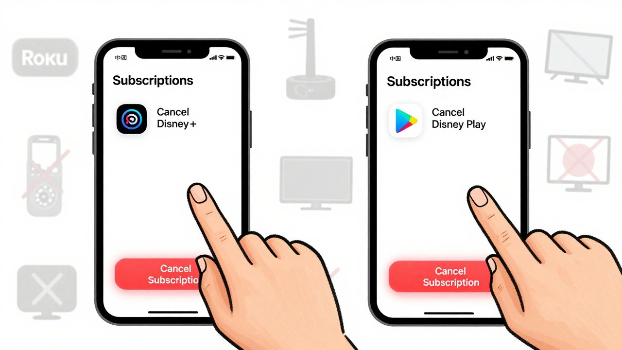 Split-screen of iPhone and Android showing how to cancel Disney+ through app stores.