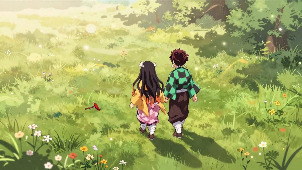 Tanjiro and Nezuko walk through a sunlit meadow after the battle, hand in hand, wildflowers blooming around them.