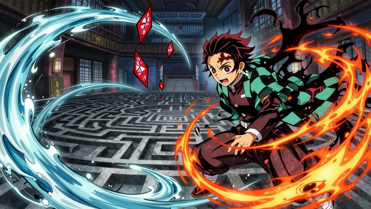 Tanjiro battles Muzan in a surreal castle hall with glowing water techniques and frozen blood splatters.
