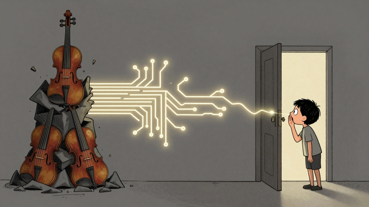 Three surreal sound concepts—orchestra, synth, and whisper—appear as visual vignettes, with a child’s whisper drawing the director’s gaze.