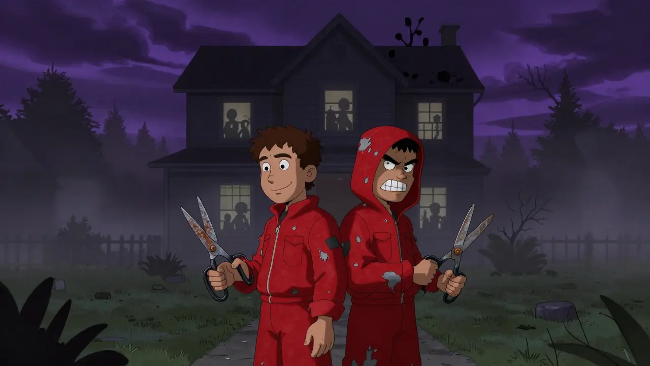 Twin figures in red jumpsuits stand back-to-back in a foggy yard, holding scissors under a dark sky.