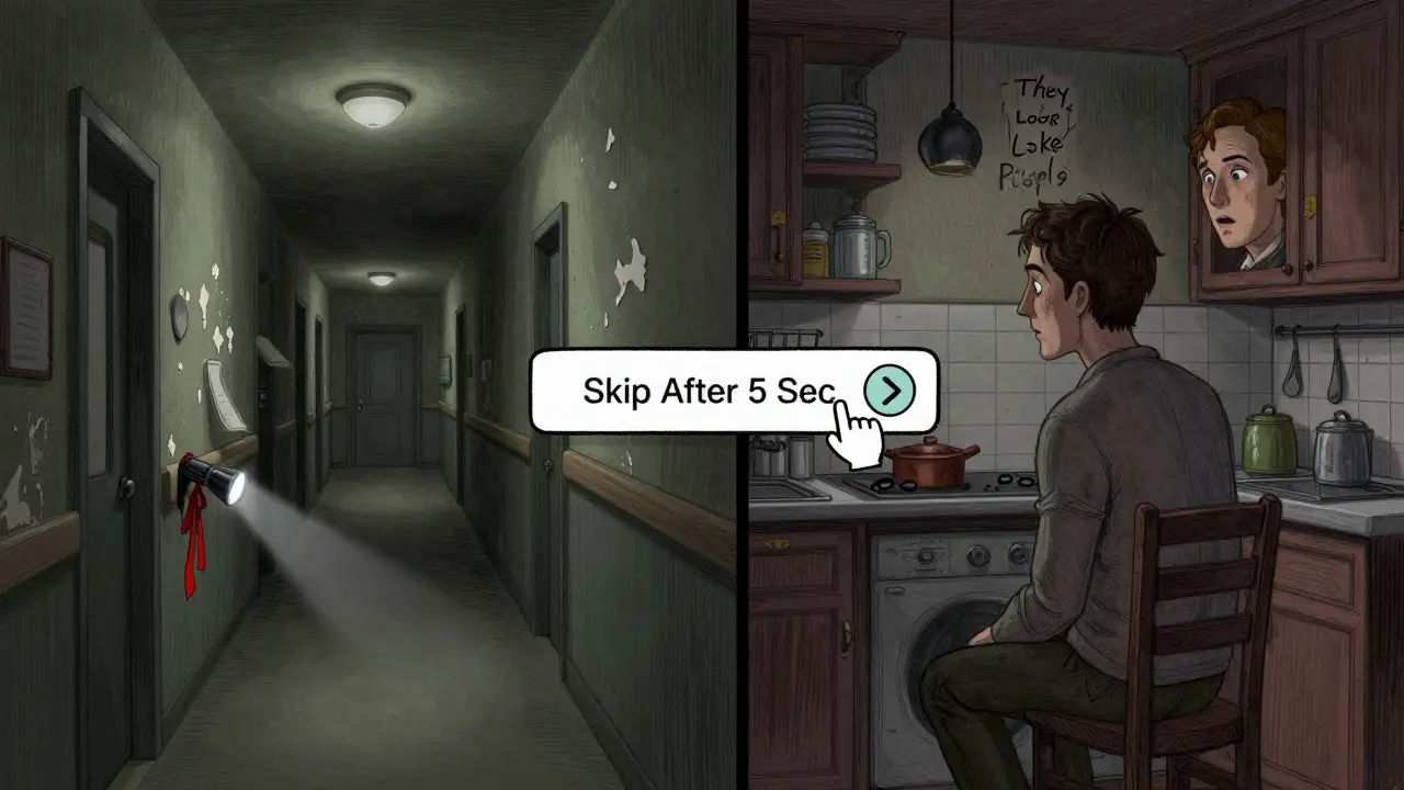 Two haunting horror scenes side by side, with a small 'Skip Ad' button floating between them.