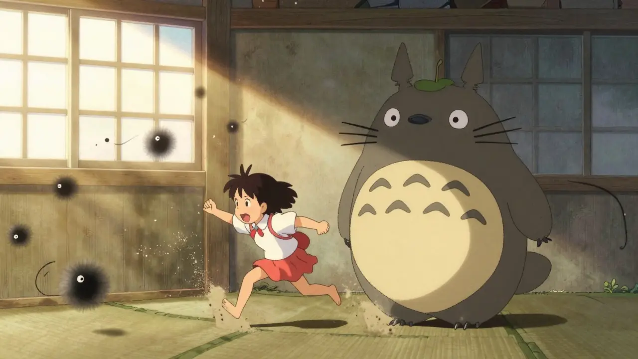 Two sisters chase fluffy soot sprites through a sunlit Japanese house, filled with dust and gentle light.